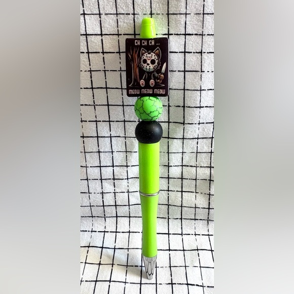 Friday the 13th Kitty Cat Custom Beaded Ink Pen Lime Green - Picture 5 of 6